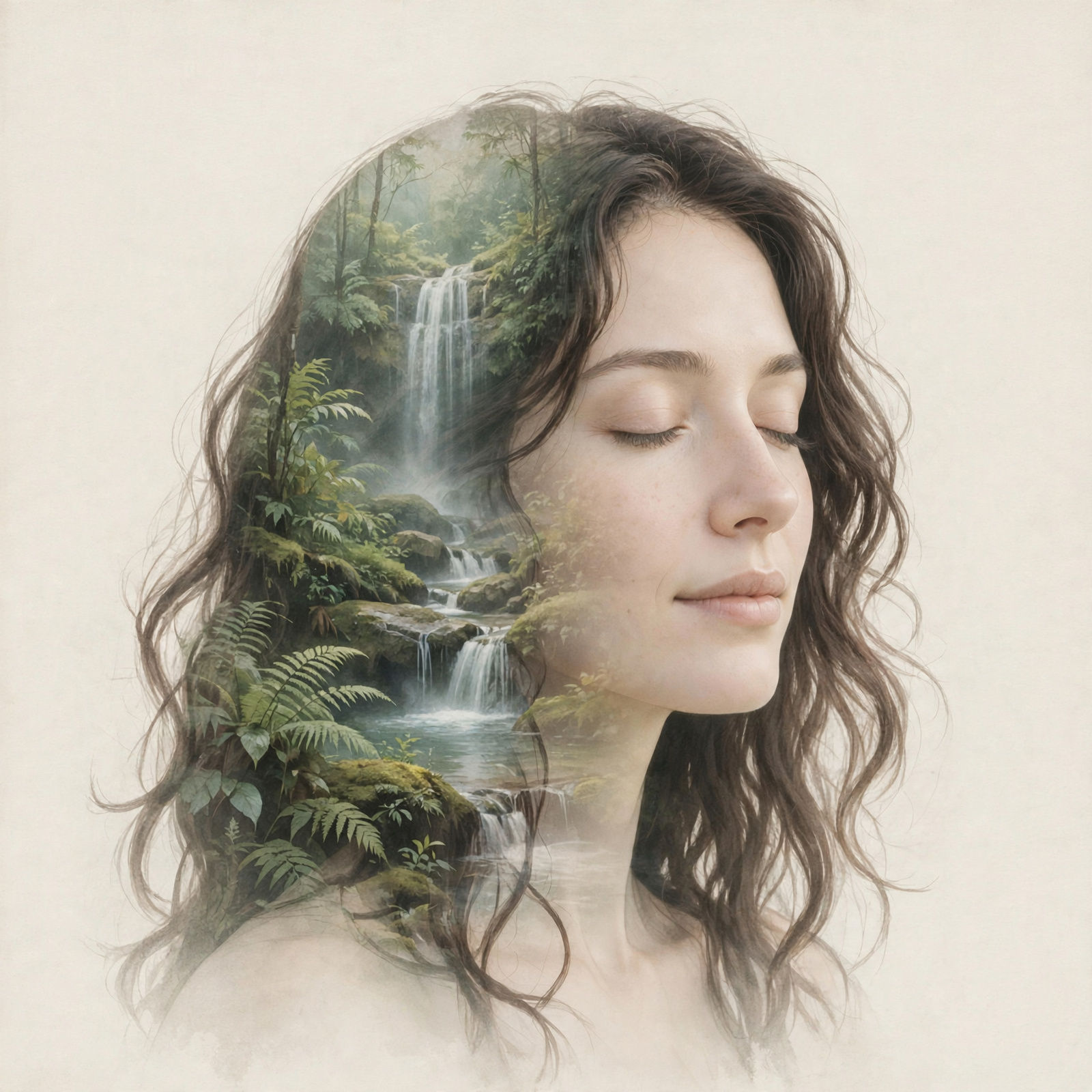 Double exposure AI art of a peaceful woman with a forest waterfall inside her silhouette