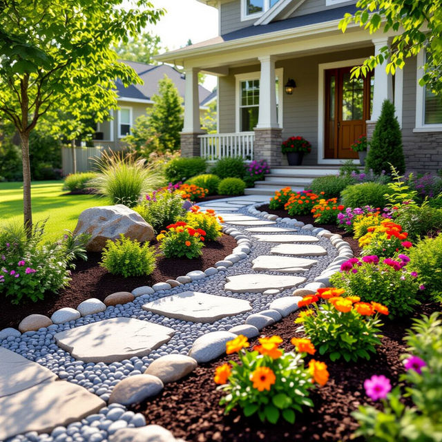 Front Yard Rock and Mulch Landscape Pictures gallery