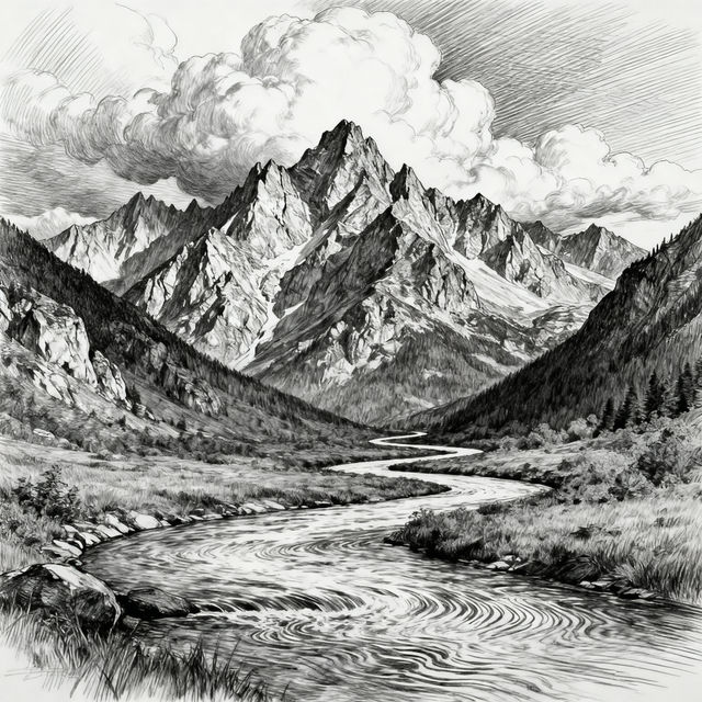 Mountain Pictures Drawing - AI Generated Art gallery