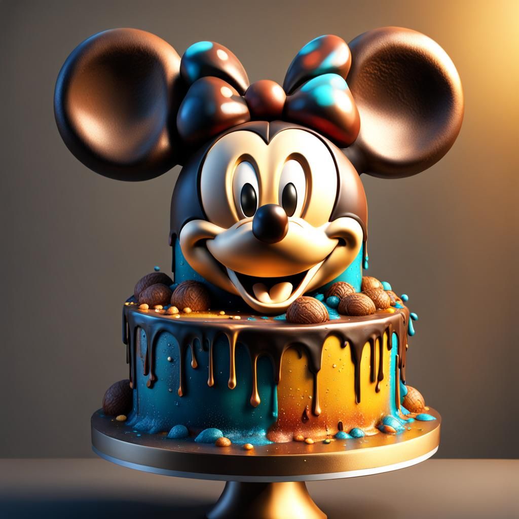 Cake sculpture of Mickey Mouse Hyperrealistic, splash art, c...