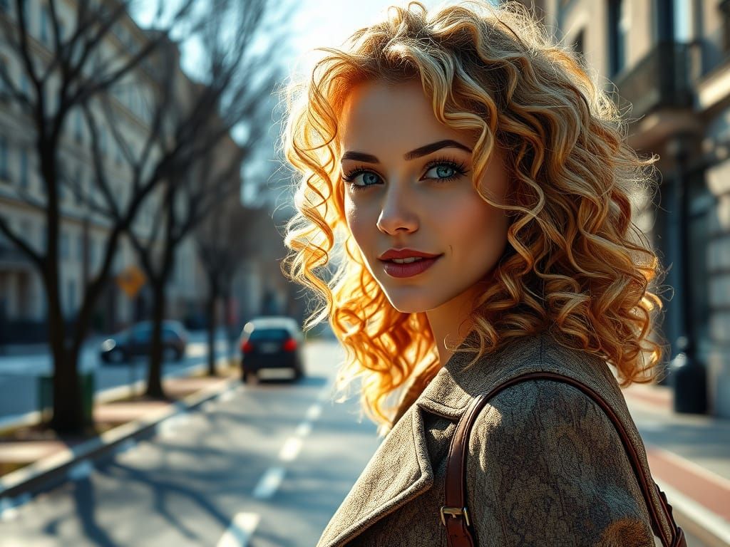 Elegant European Woman in Spring Street Scene