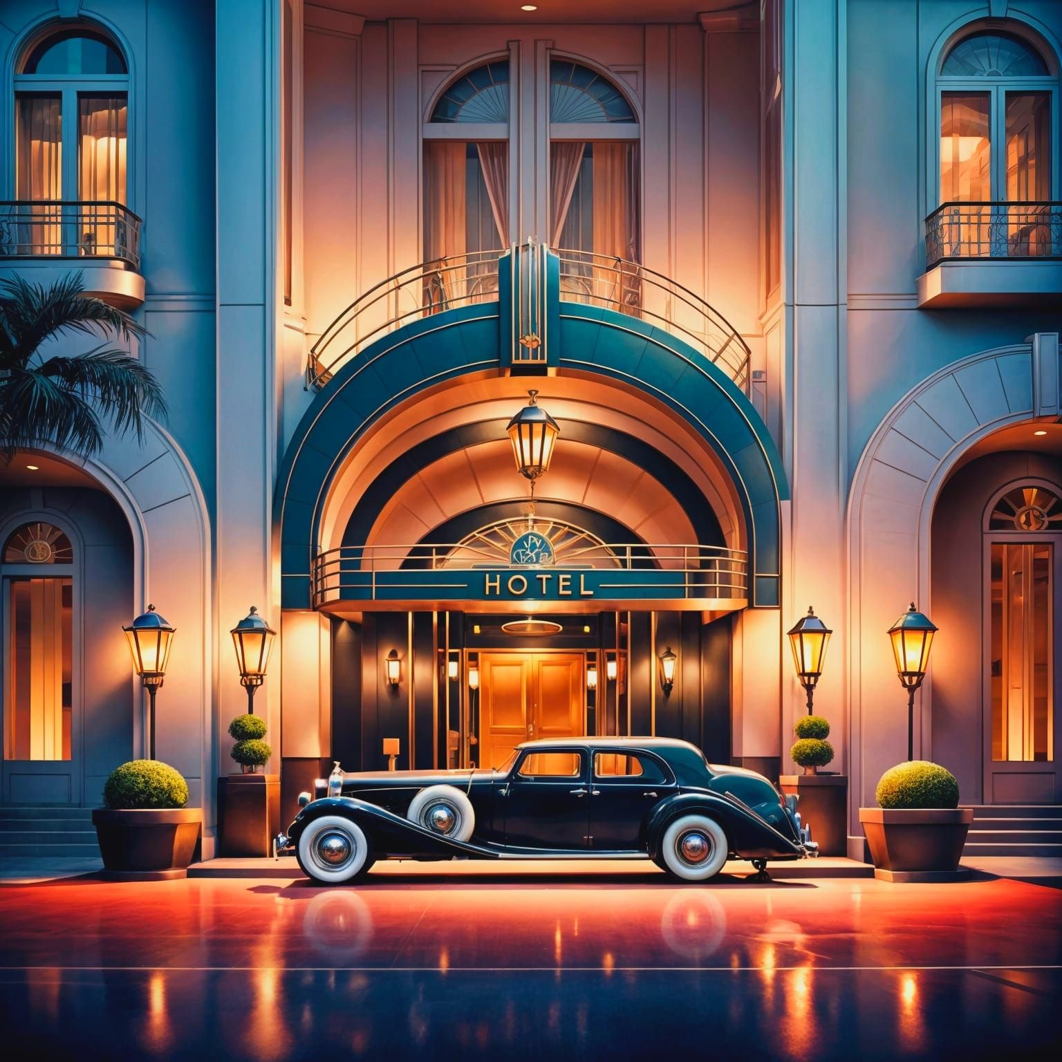 Luxurious Art Deco Hotel Entrance at Night