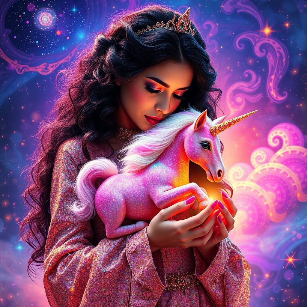 Ethereal Regency Woman Cradles Shimmering, Trippy Unicorn in...