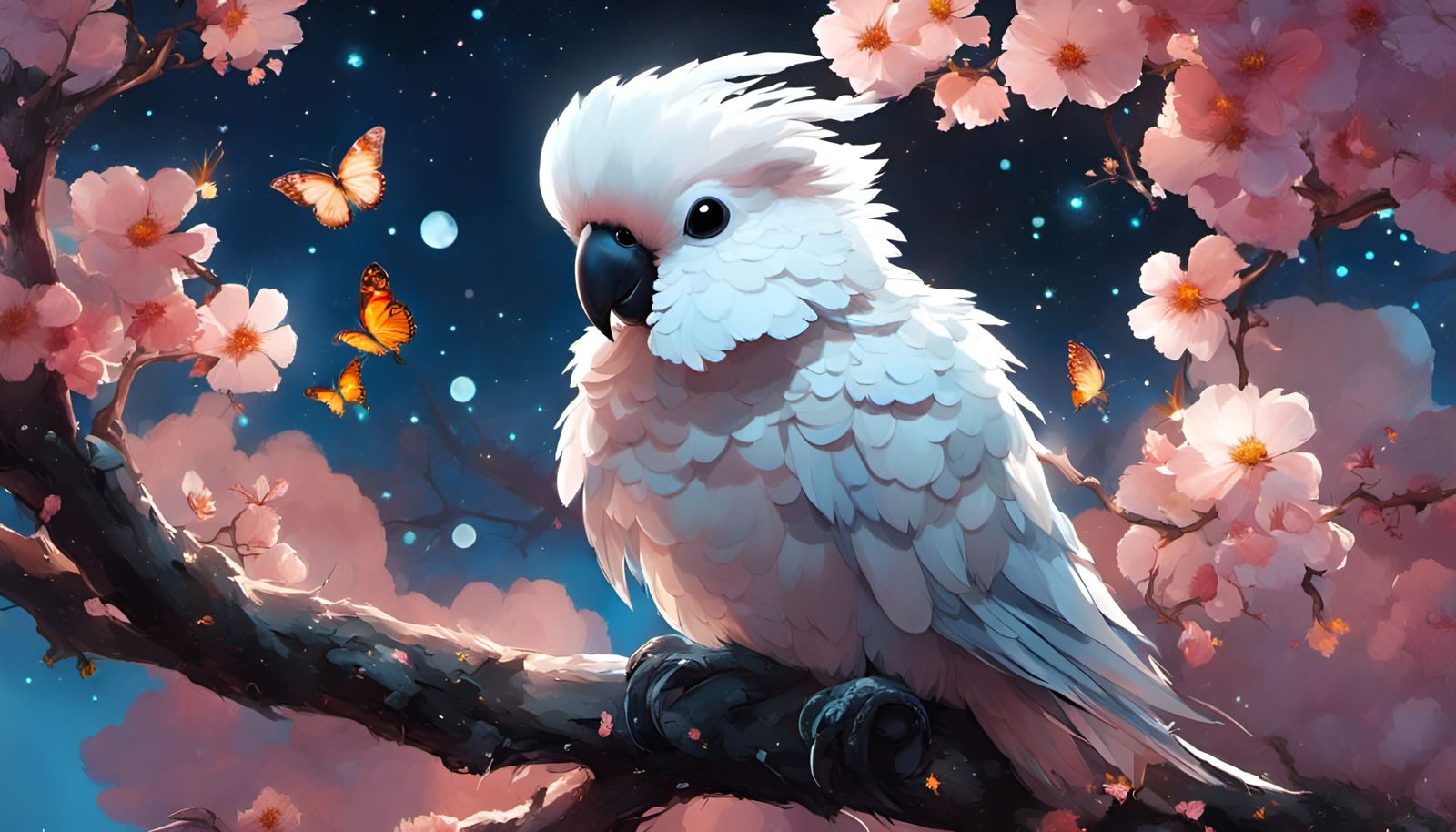 Vibrant Chibi Cockatoo Under Constellation of Glowing Love