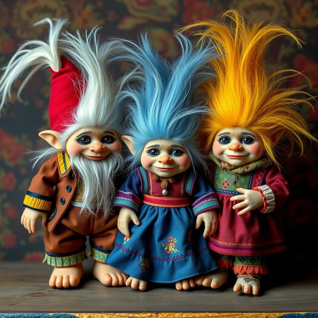 Troll Family as Antique Dolls in Pop Surrealist Style