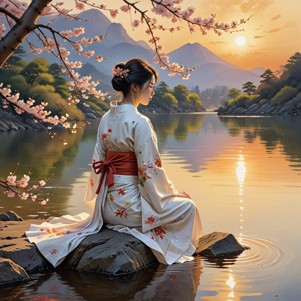 Watercolor Masterpiece of a Young Woman in a Japanese Garden