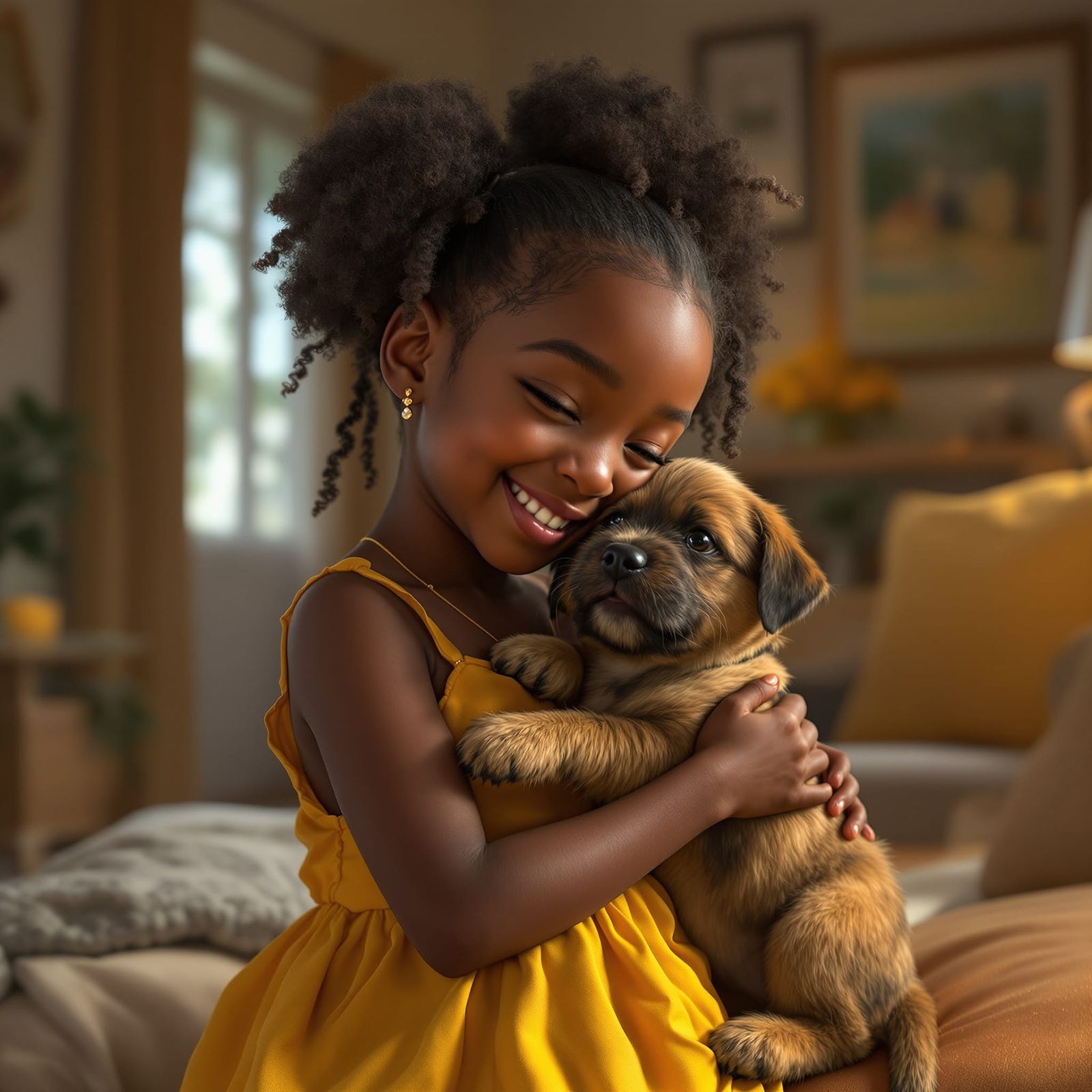 Cute Girl Hugs Overwhelmed Puppy in Cozy Living Room