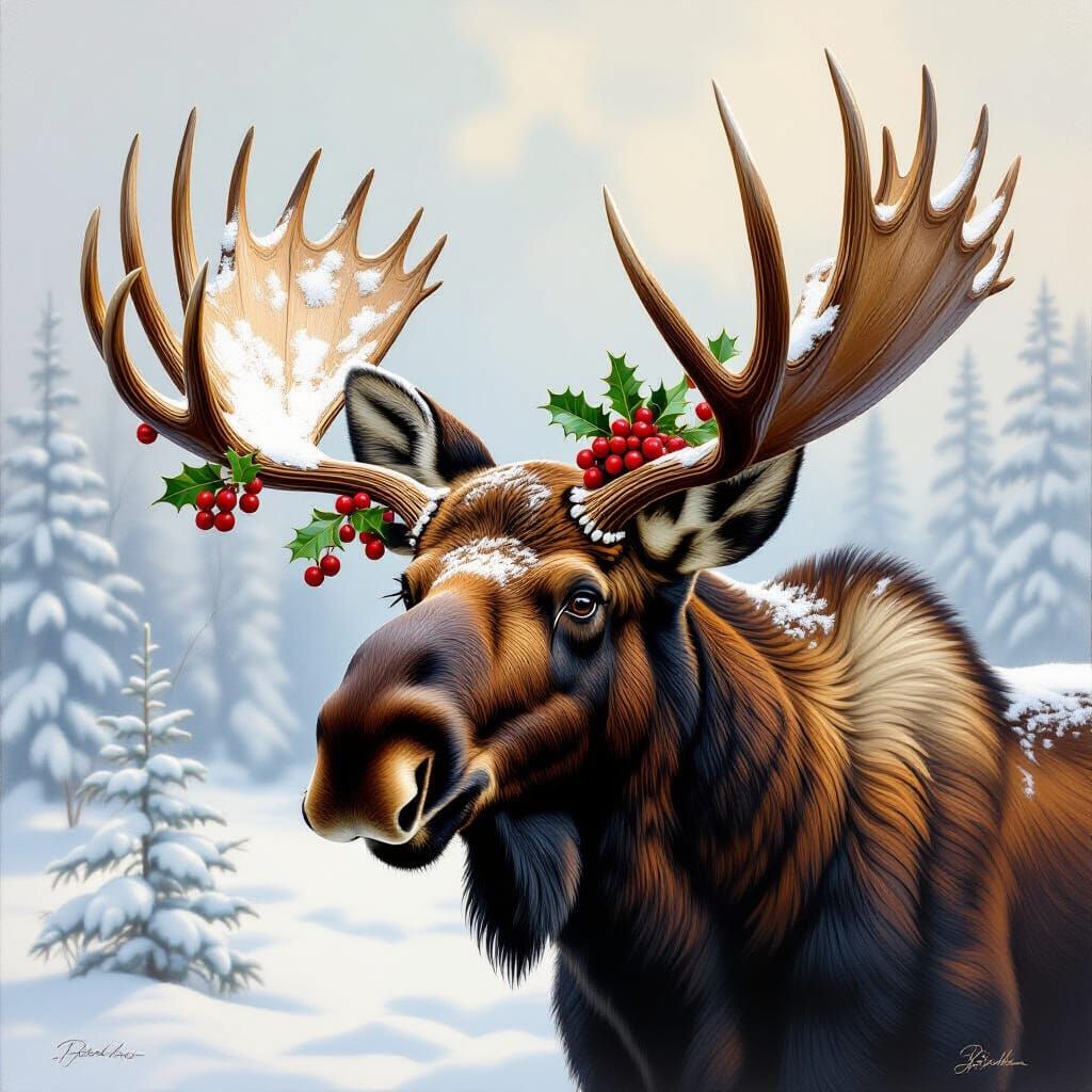 Snowy Moose Portrait with Berries and Holly