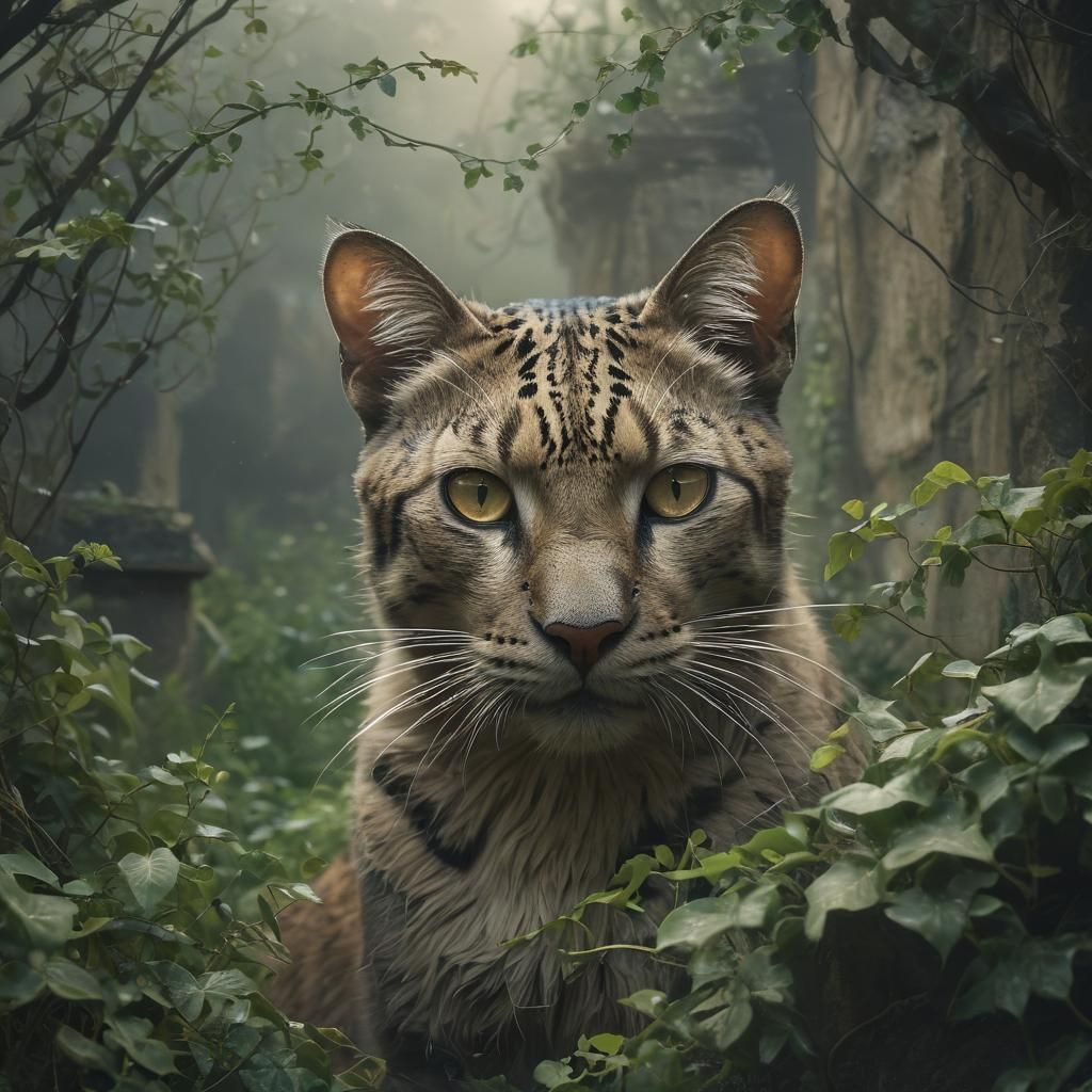 Whimsical Fantasy Portrait of Faded Feline in Ruined Graveya...