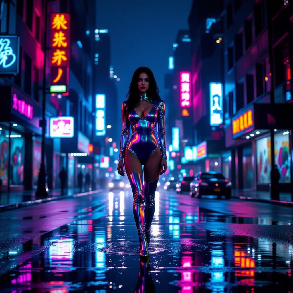Woman in Iridescent Bodysuit on Neon City Street