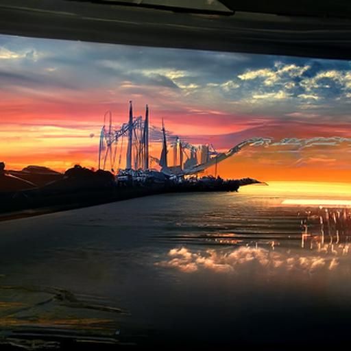 Surreal Futuristik Sunset over a Futuristic Bay