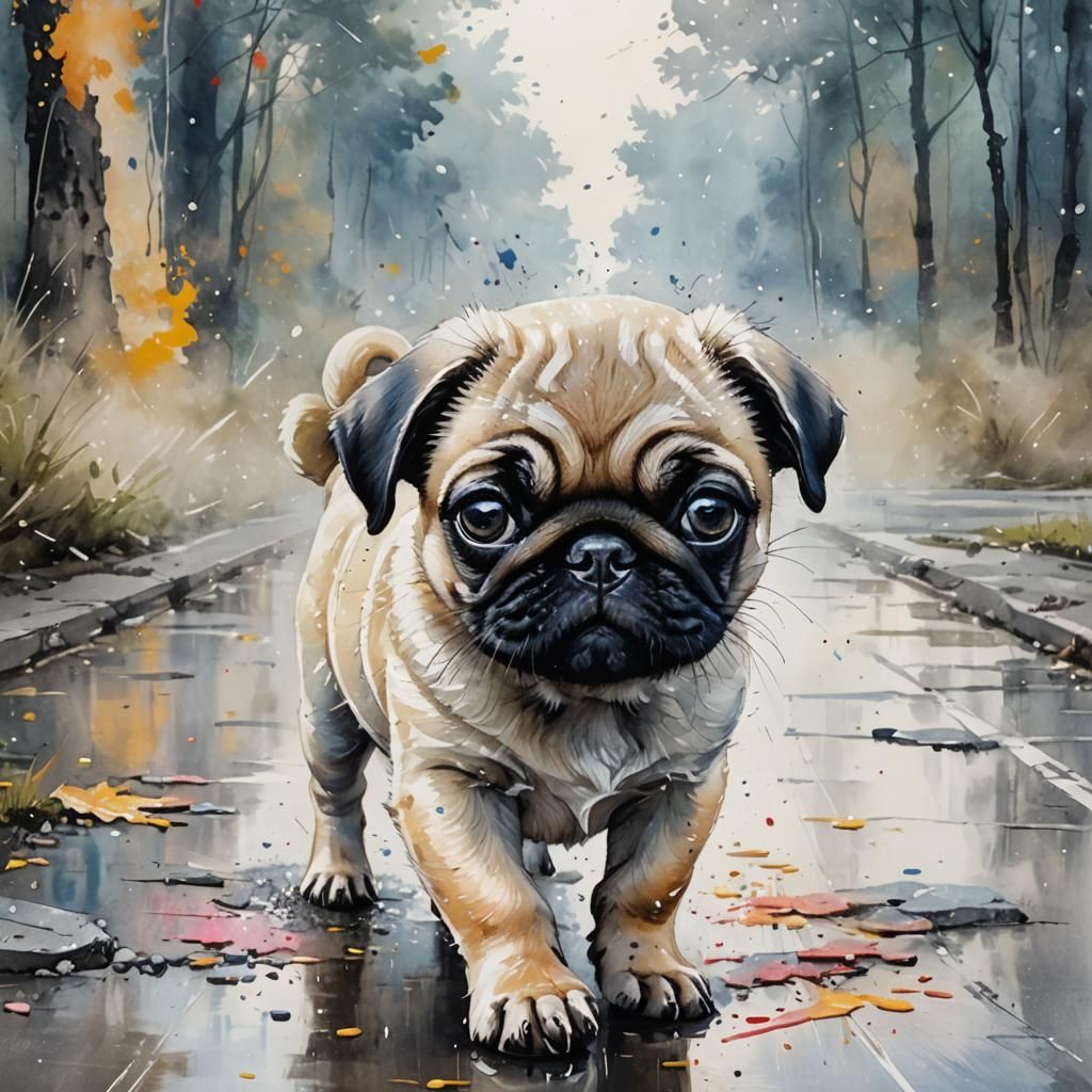 Dreamy Pug Puppy in Whimsical Watercolor Fantasy