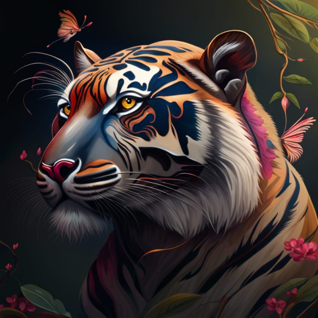 Tiger Embraces Cherry Blossom Tree in Majestic Forest Landsc...