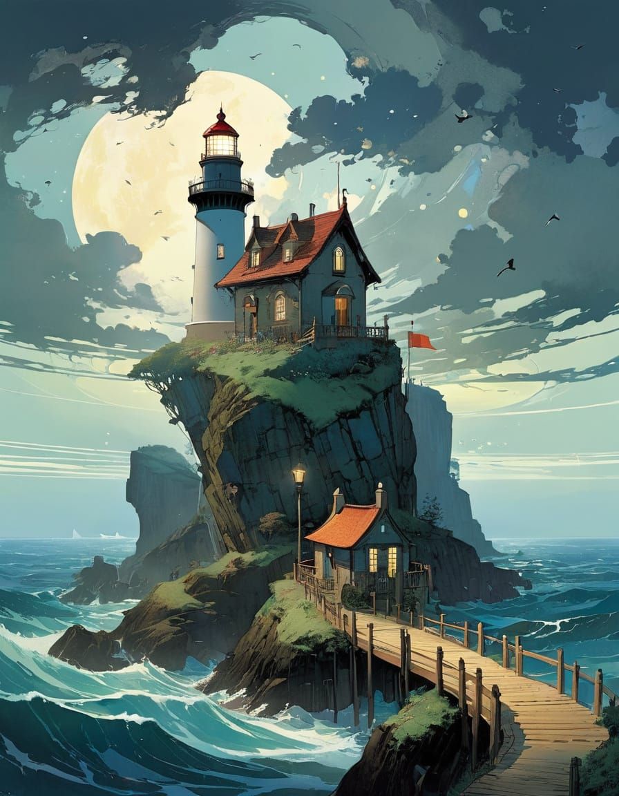 Lighthouse in Storm in Illustrative Style