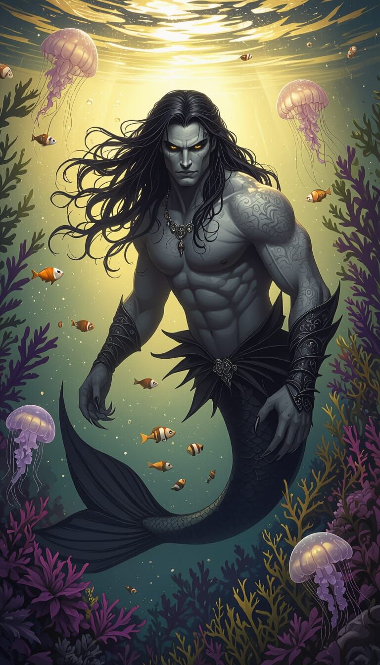 Merman in Dark Underwater Fantasy, Hyperdetailed Textures