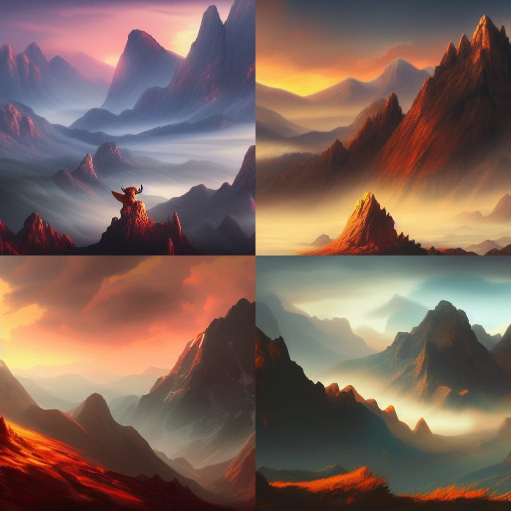 Ethereal Griffin Perches on Mountain Peak Amidst Fiery Haze