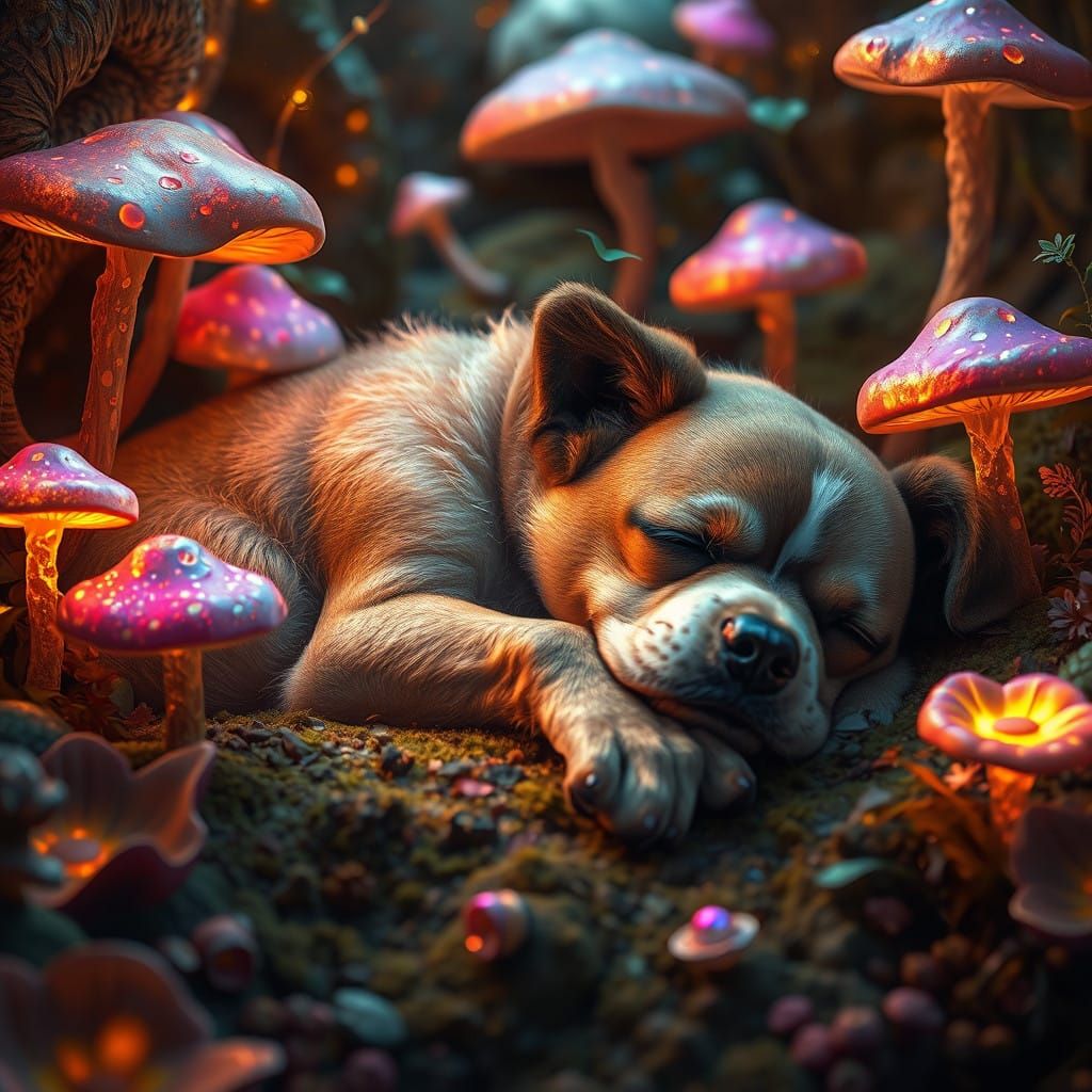 Whimsical Fantasy Landscape with Sleeping Dog