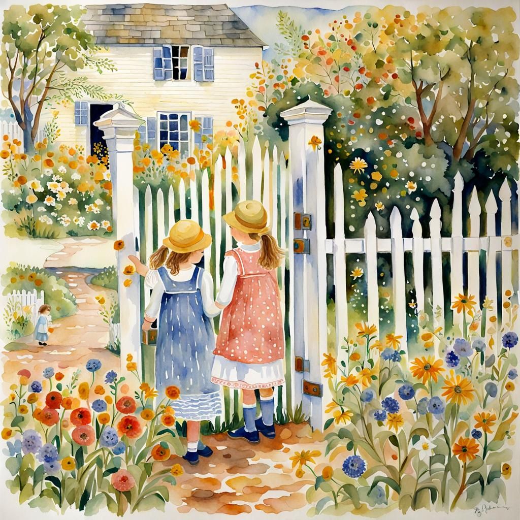 Watercolor Garden Scene with Young Girls on the Wall
