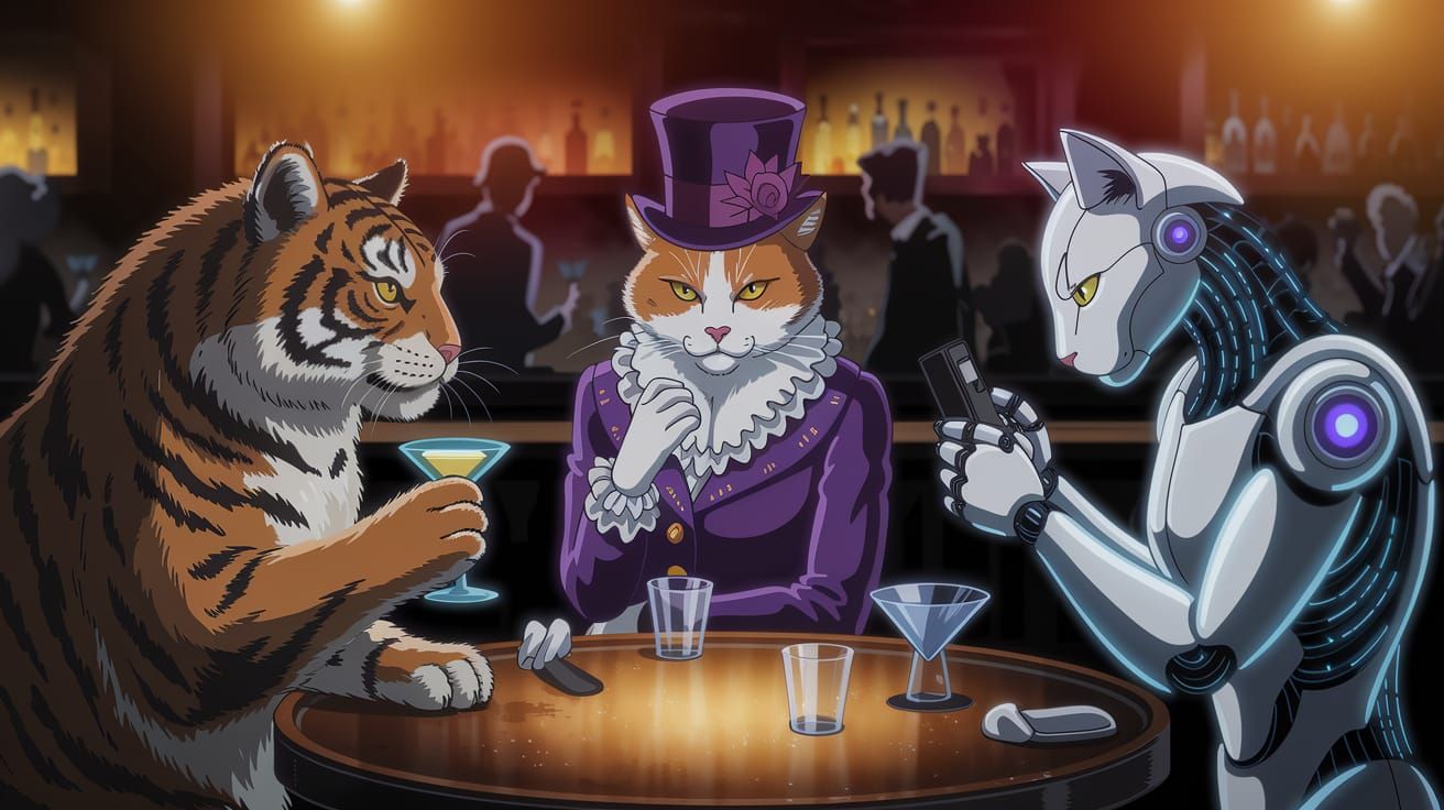 Cats From Different Eras in Anime Style Jazz Club