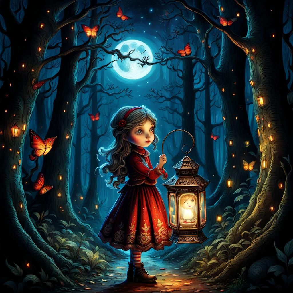 Intricately Detailed Girl Illuminates the Night Forest with...