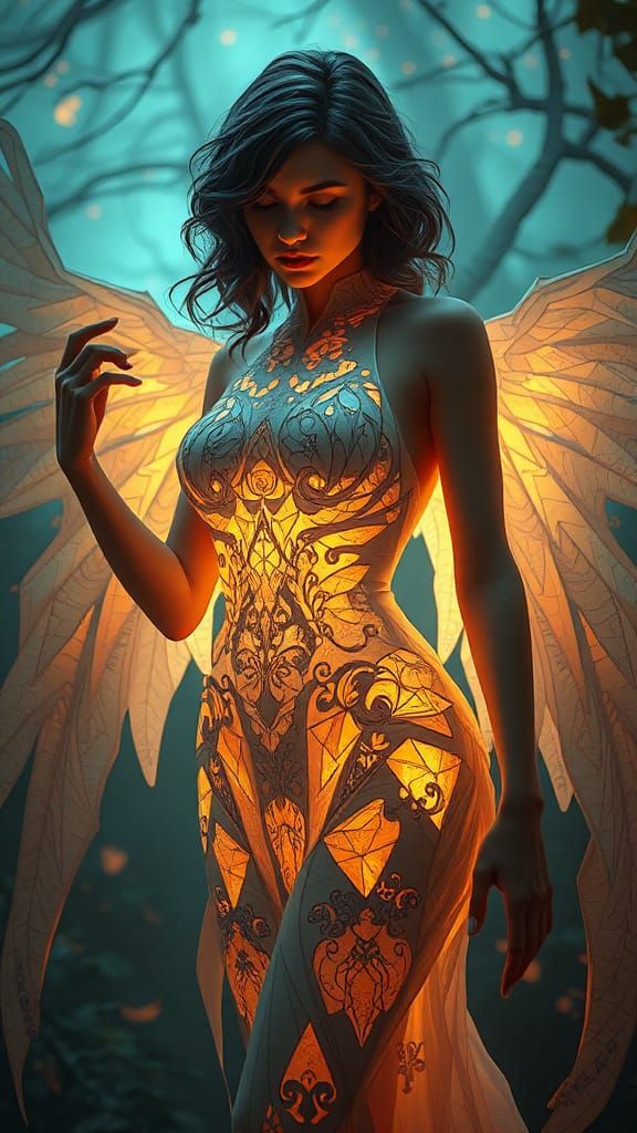 Eerily Glowing Origami Woman in Dark Fantasy Scene