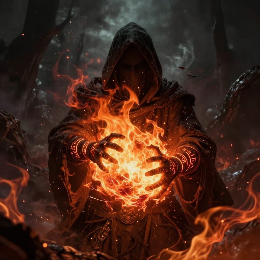 Mysterious Mage Conjures Blazing Fireball in Dark Fantasy Ar...