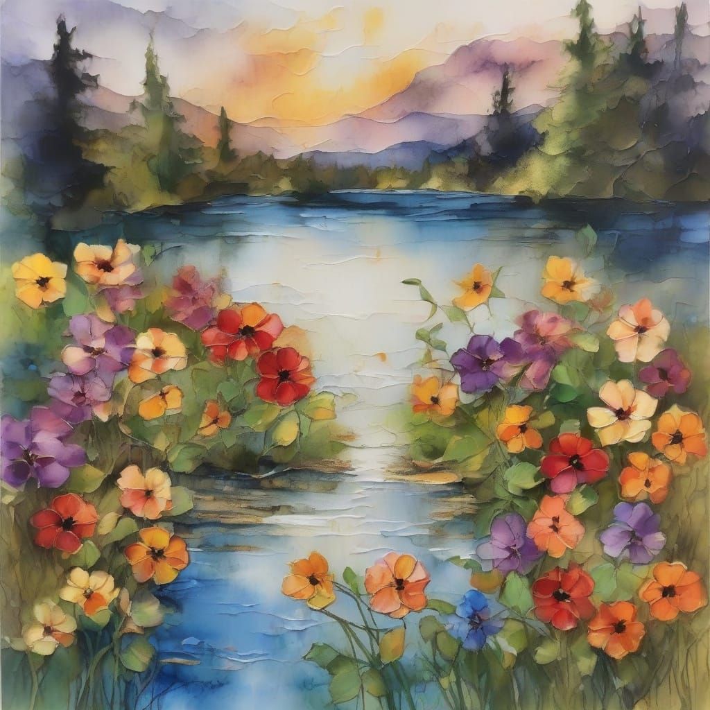 Wildflowers Frame a Serene Village Lake Scene in Smooth Impa...