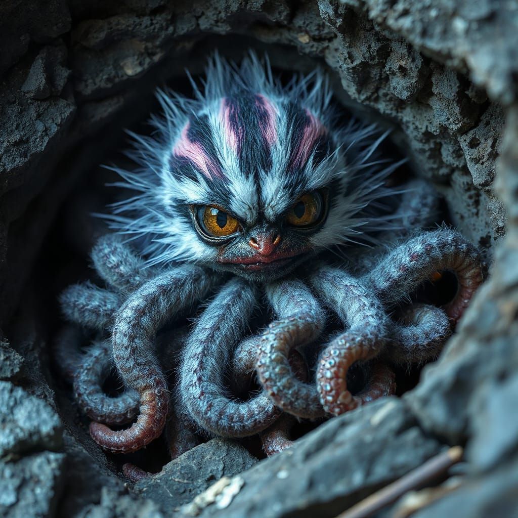 Creepy Cute Neon Creature with Tentacles in Rock Fissure