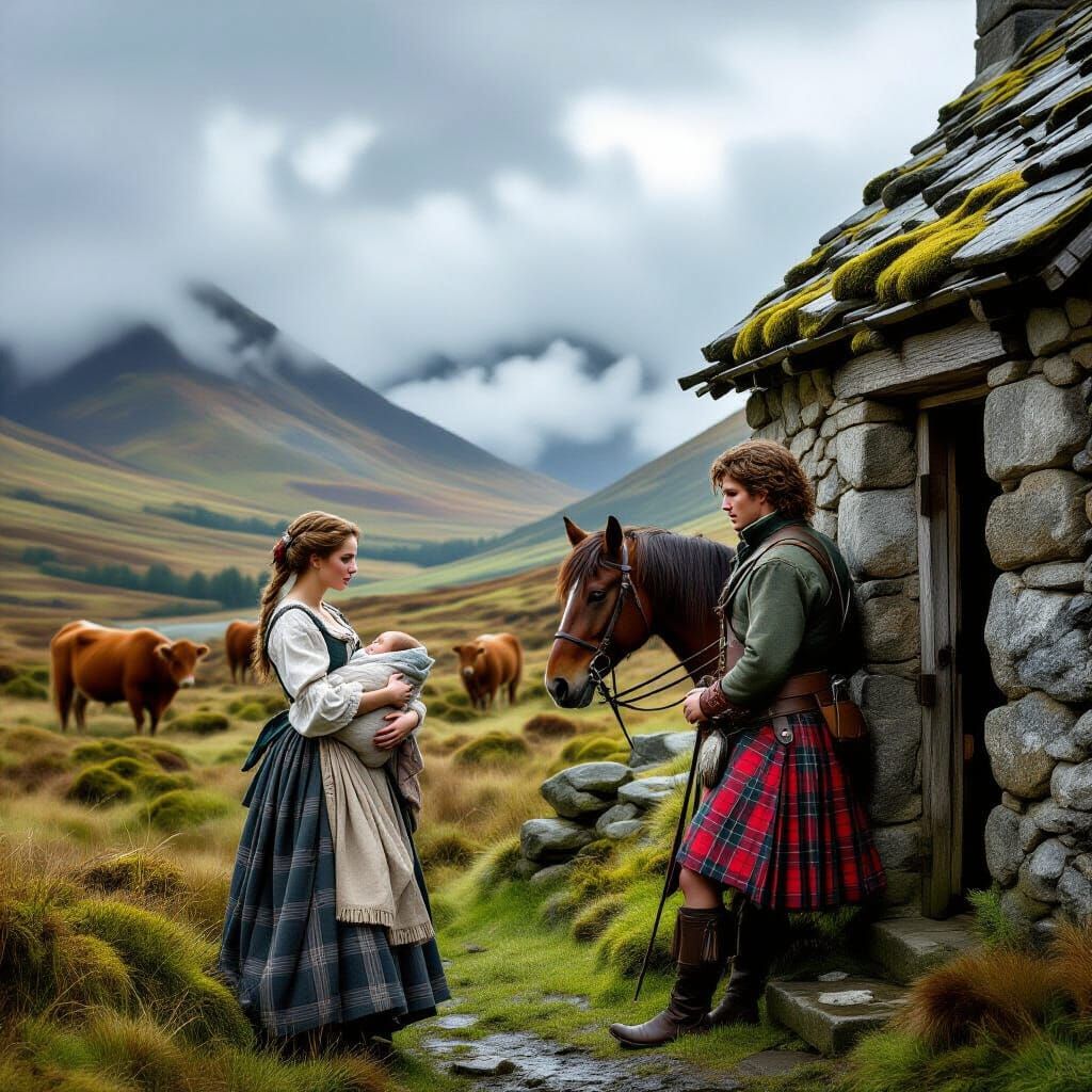 Misty Scottish Highlands Scene with Highland Cows