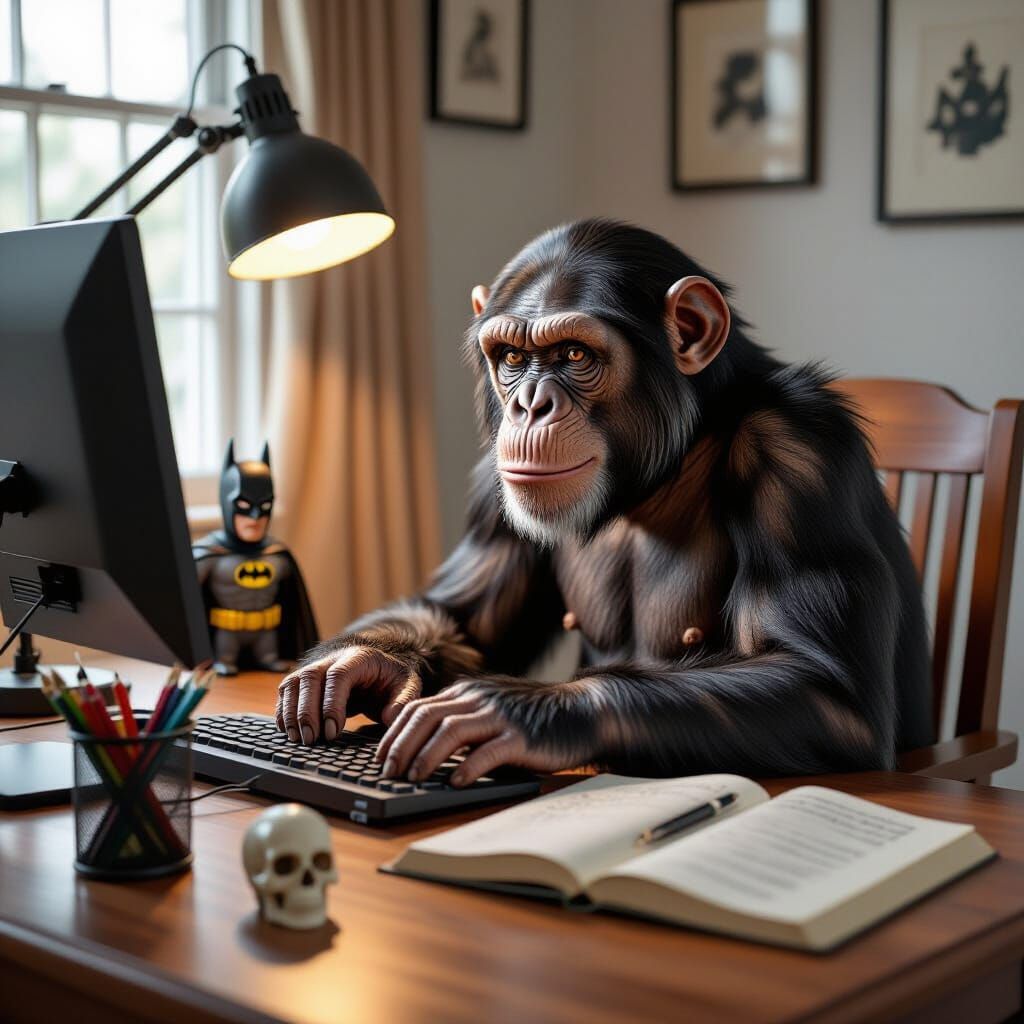 Chimpanzee Typing on Desktop Computer in Soft Daylight