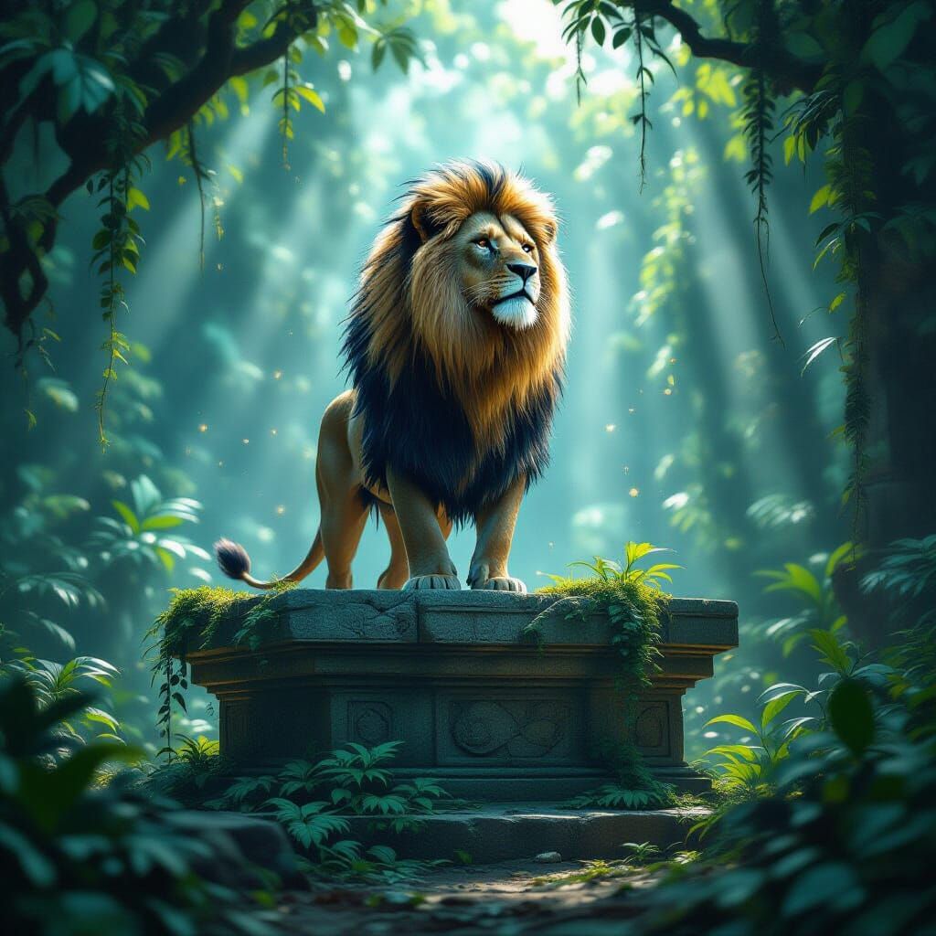 Majestic Lion on Ancient Altar with Iridescent Mane