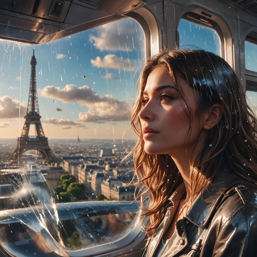 Girl Contemplates Paris from an Airplane Window