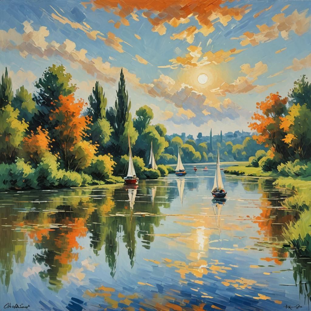 Idyllic Seine River Landscape in Vibrant Impressionist Style