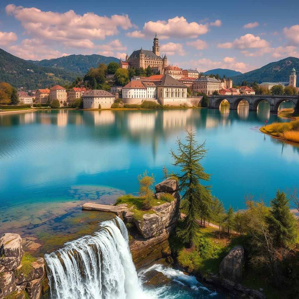 Medieval Waterfall Lake Scene in a Fantasy Realm