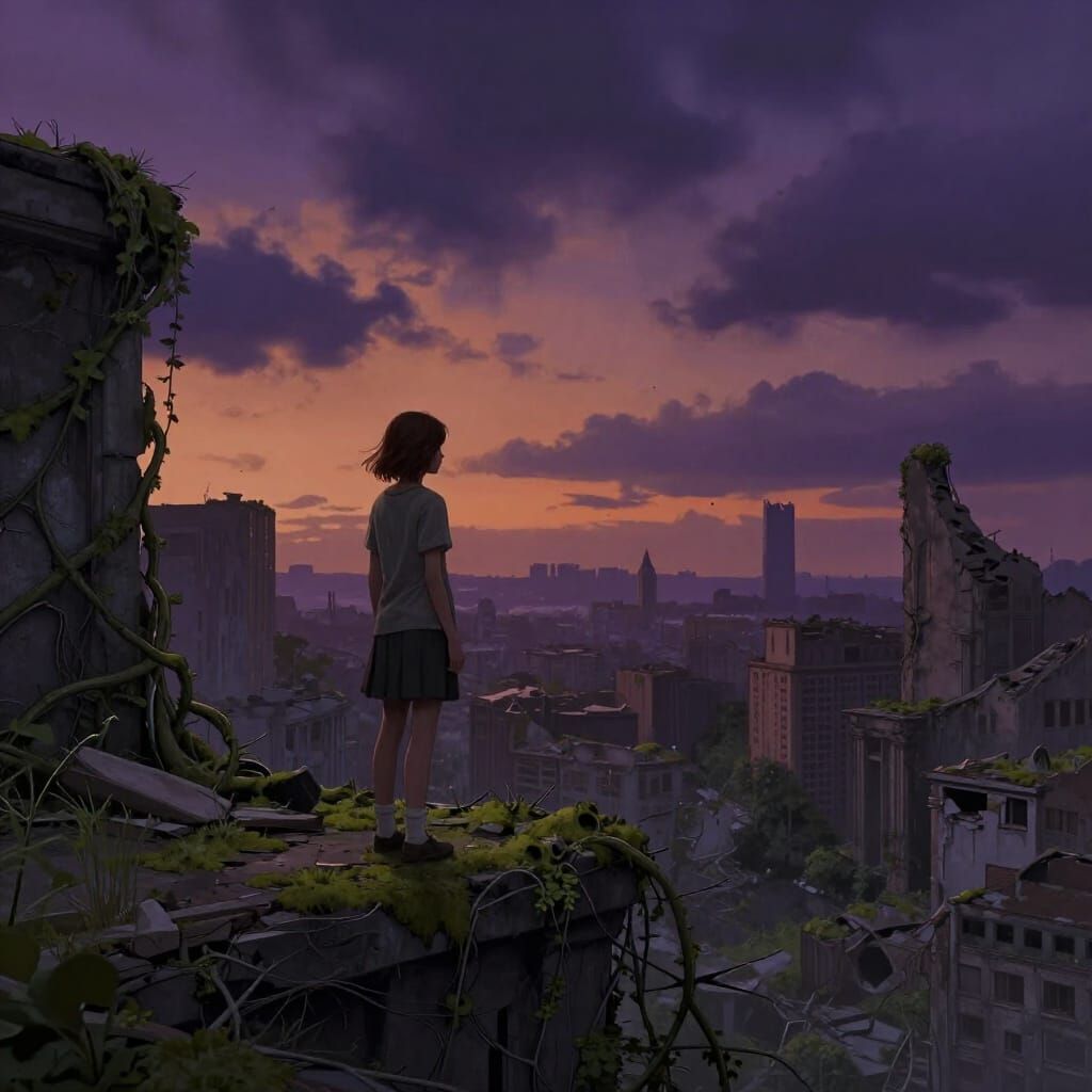 Girl Surveys Overgrown Cityscape at Twilight