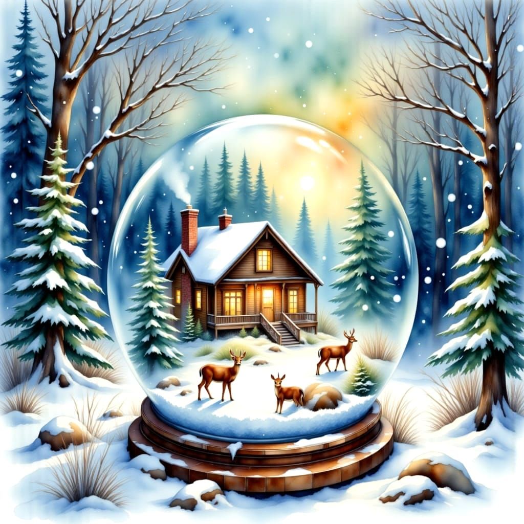 Cozy Cabin in a Snow Globe: Digital Watercolor