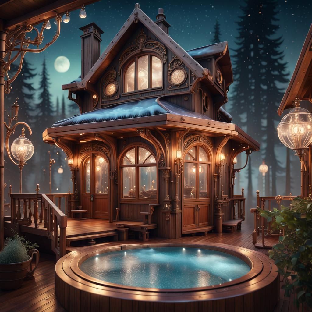 Steampunk Wooden Chalet in Whimsical Art Nouveau Style