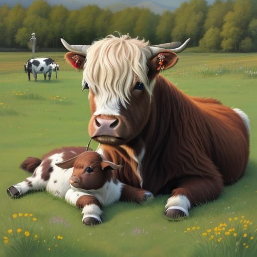 Charming Cattle Friends in Pastoral Oil Painting