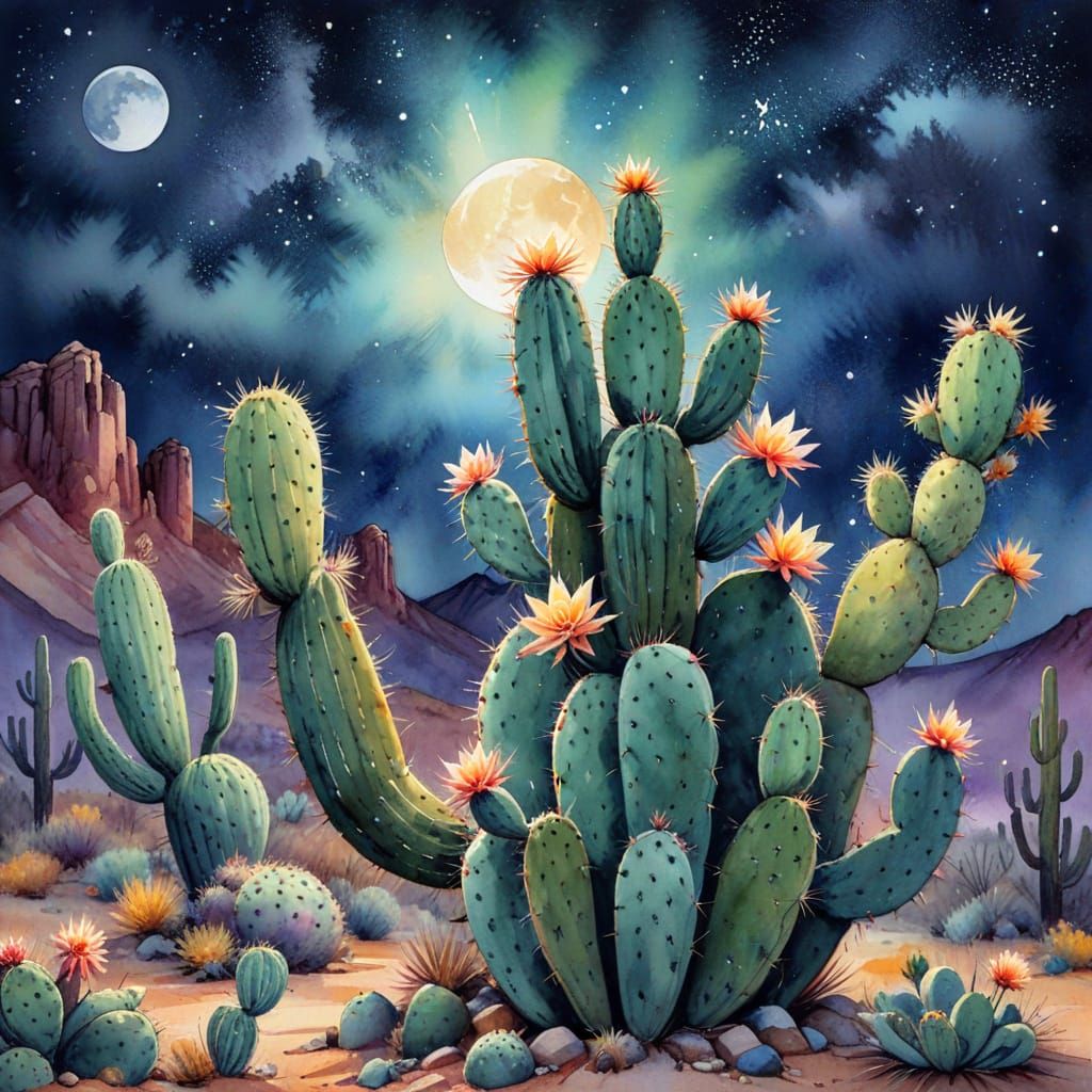 Moonlit Cactus in Desert Under Stars, Vibrant Watercolor