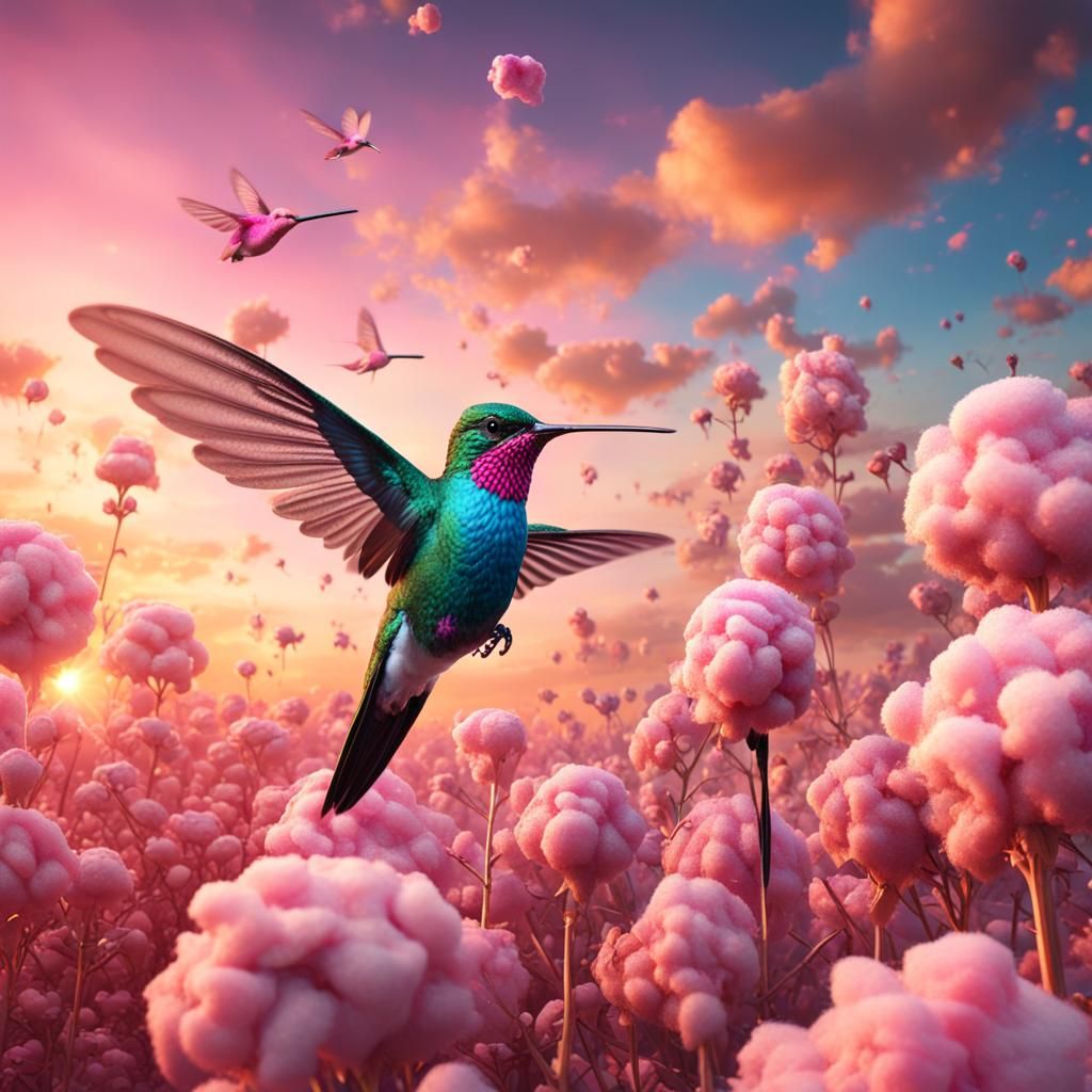 Sunset Humming Bird in Vibrant Clouds of Cotton Candy