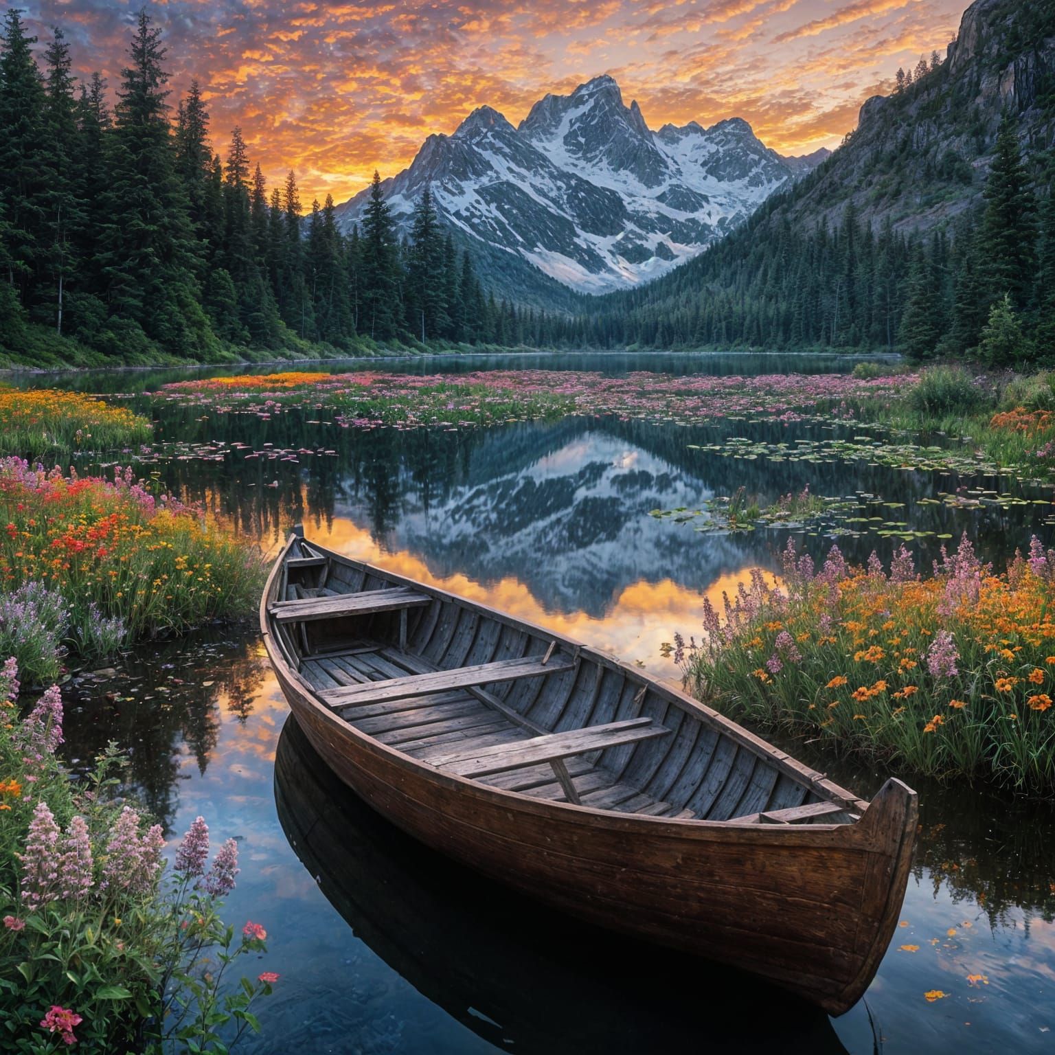 Rowboat on lake at twilight