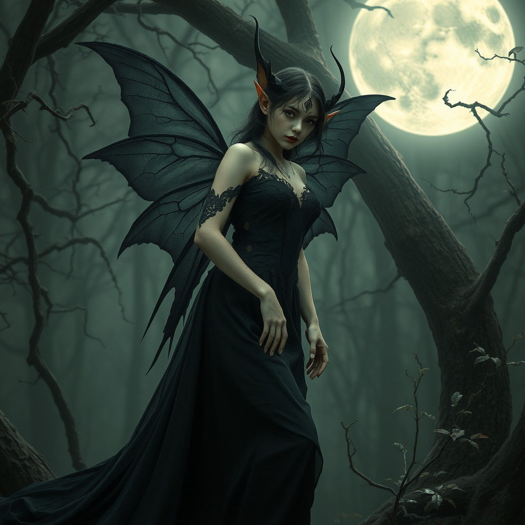 Ethereal Dark Fairy in Mystical Forest under Full Moon