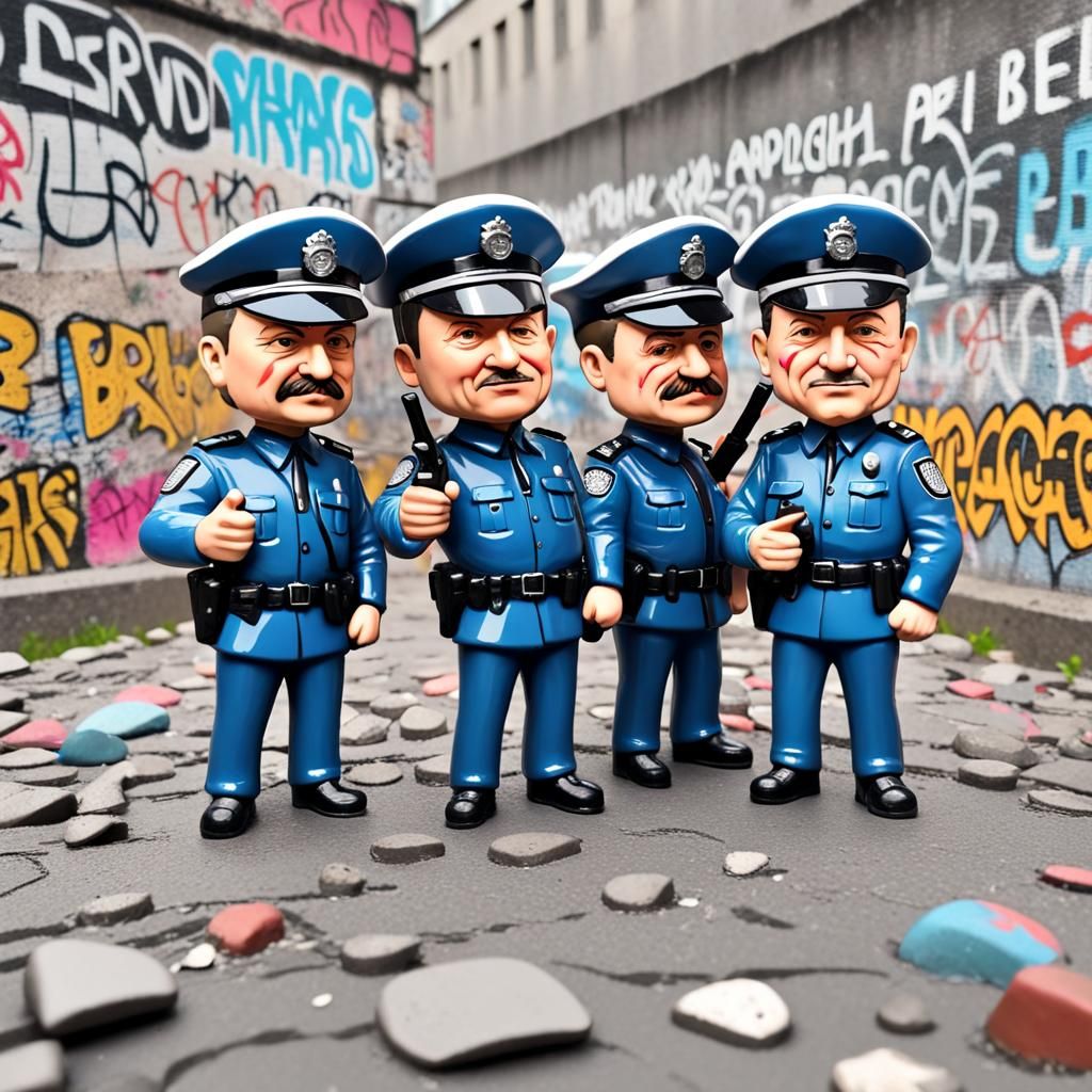Vibrant Cartoon Policemen Patrol the Berlin Wall