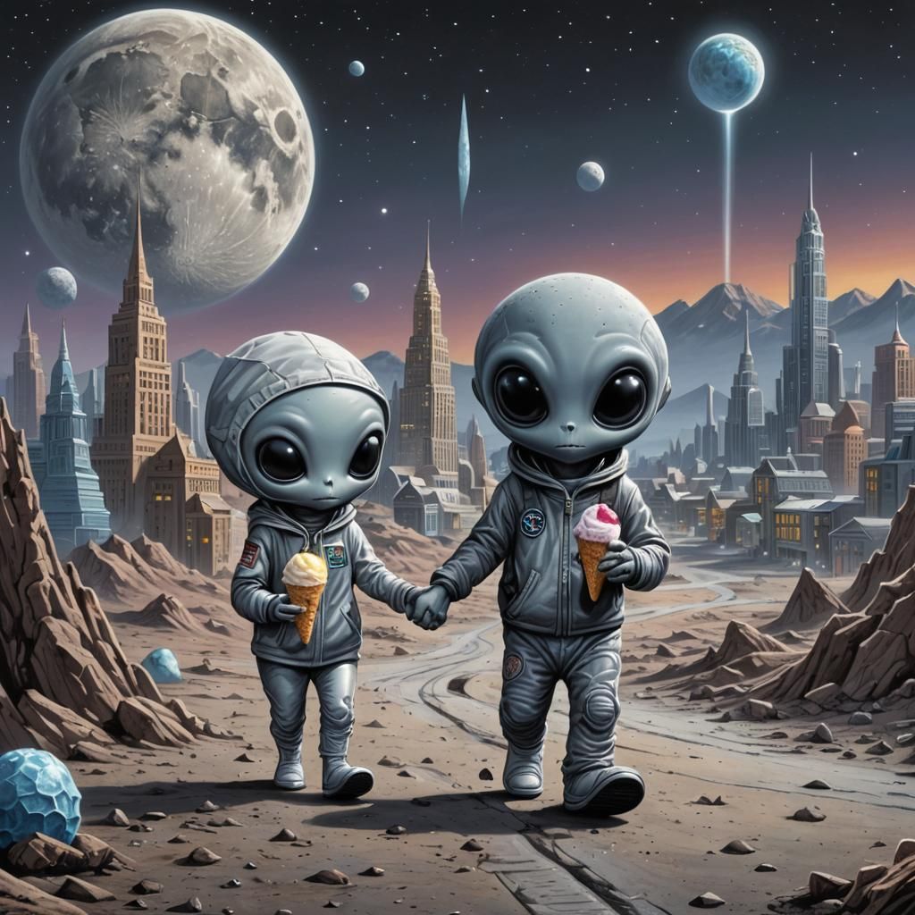 Cute Alien Couple Strolls on the Moon