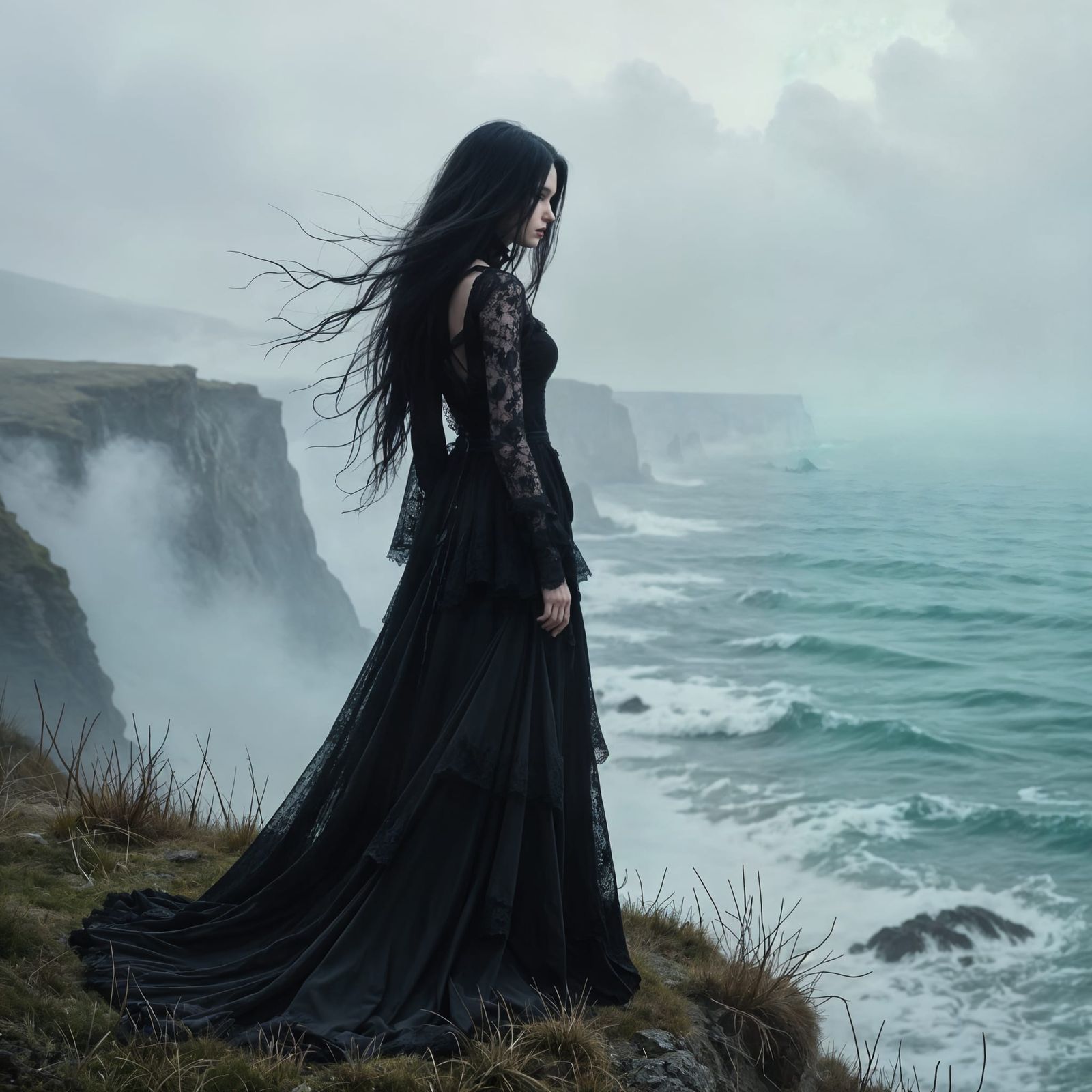 Gothic Woman at Cliff's Edge in Dark Romanticism Style