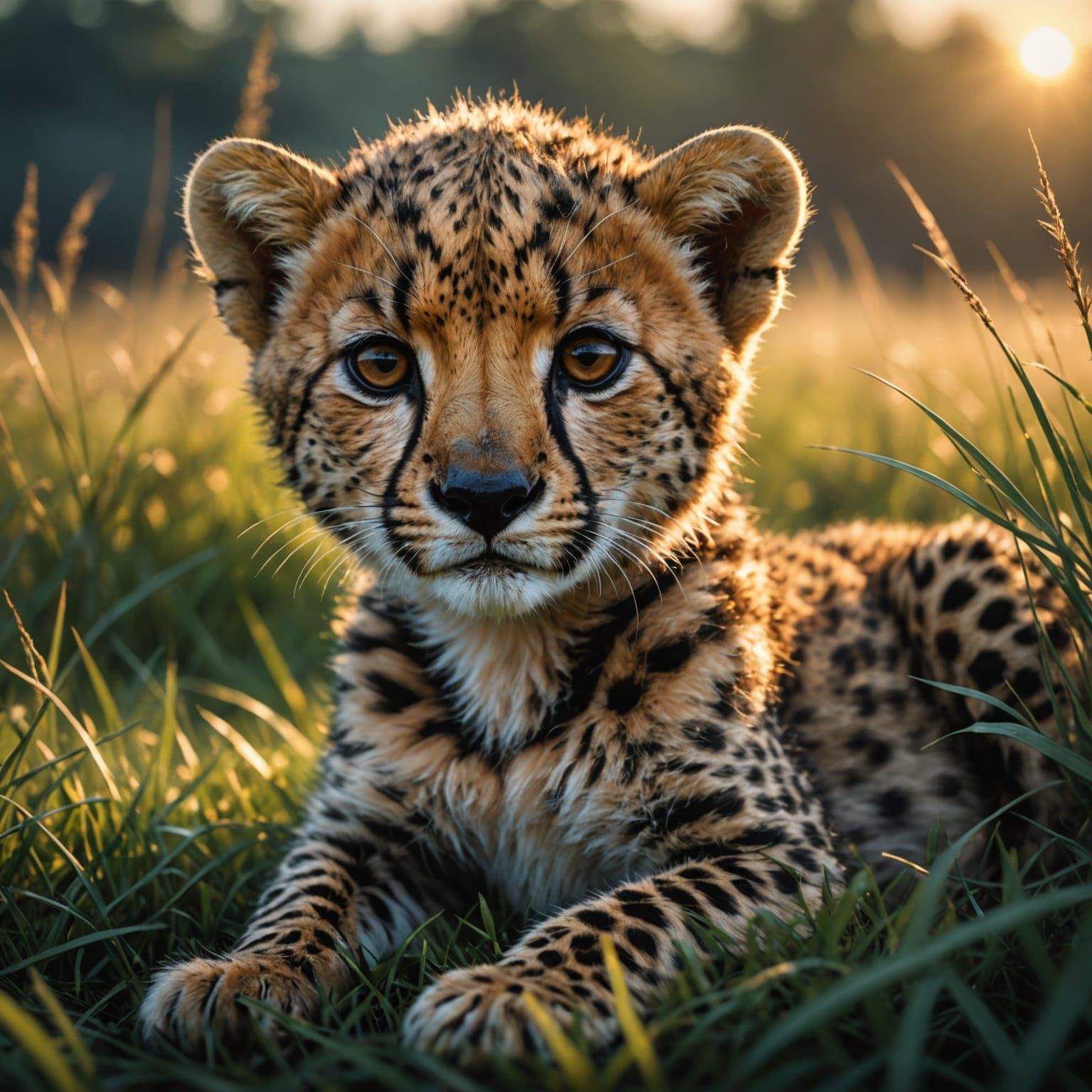 Chibi Cheetah at Sunset in Hyperdetailed Fine Art Style