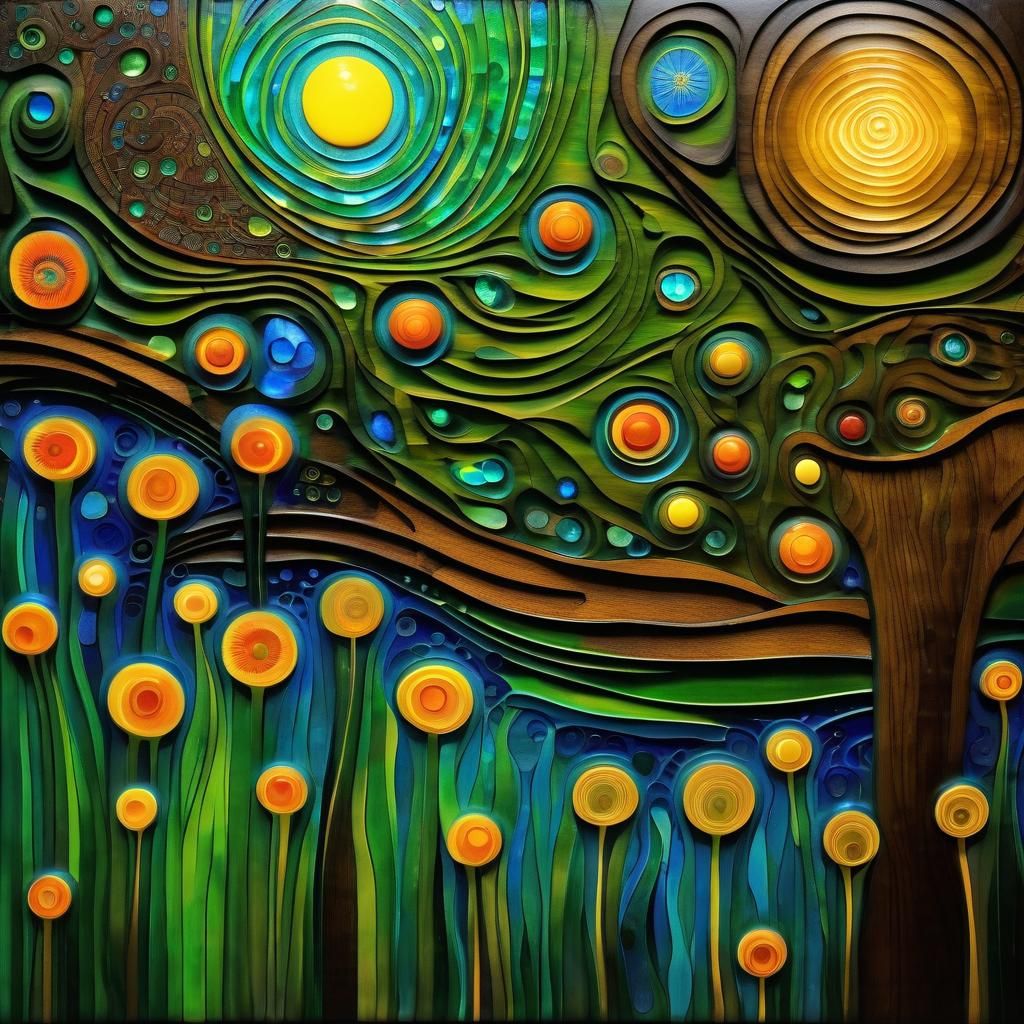 Intricate Wood Panel with Mystic Jellyfish in Dark Fantasy