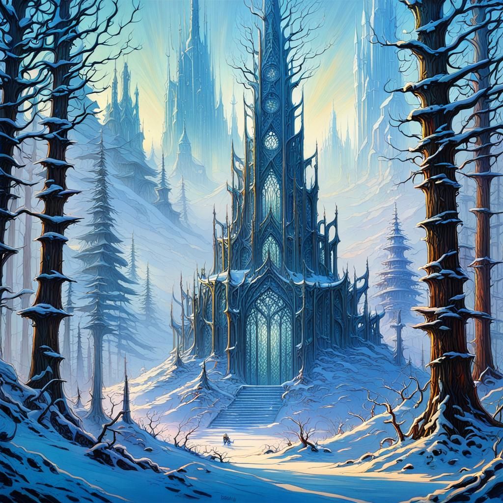 Ethereal Winter Landscape in Stained Glass Color Palette