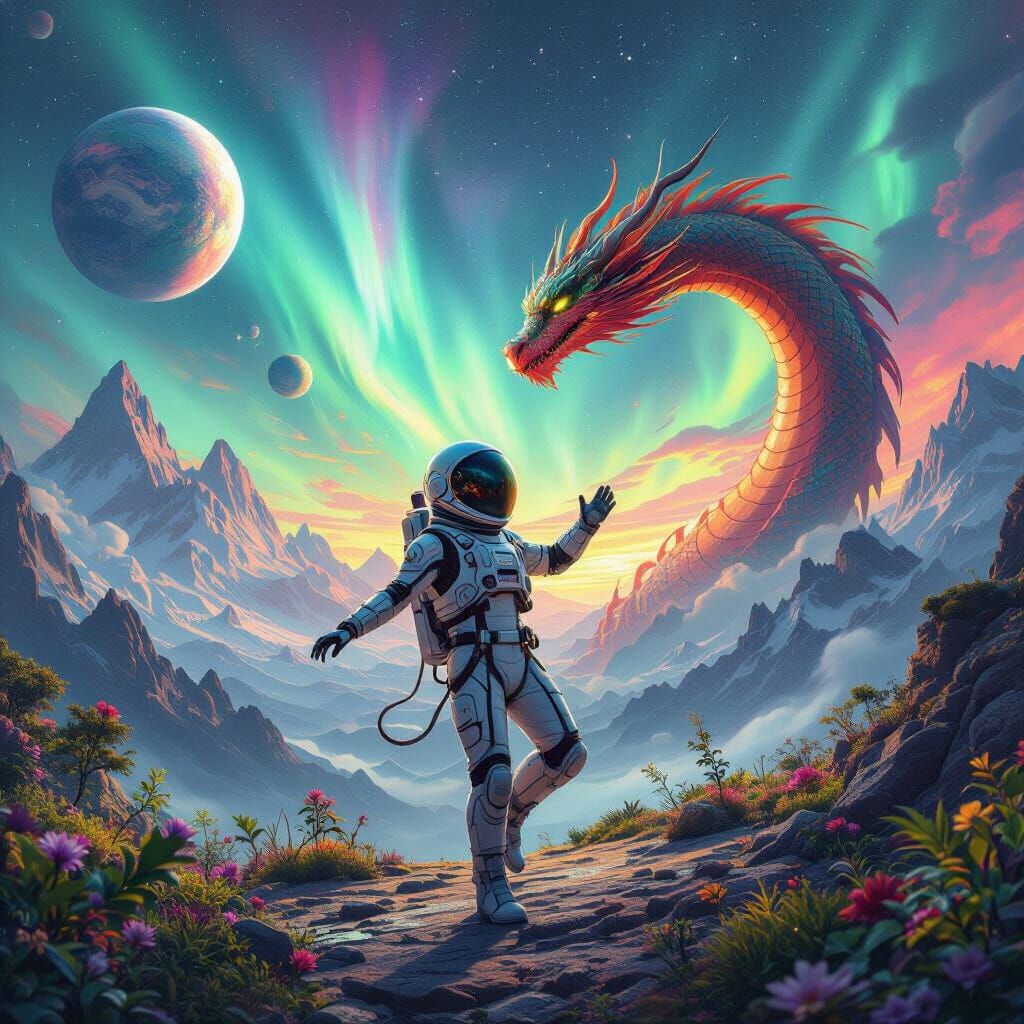 Alien Dragon Dance on Mountainous Planets as Matte Painting