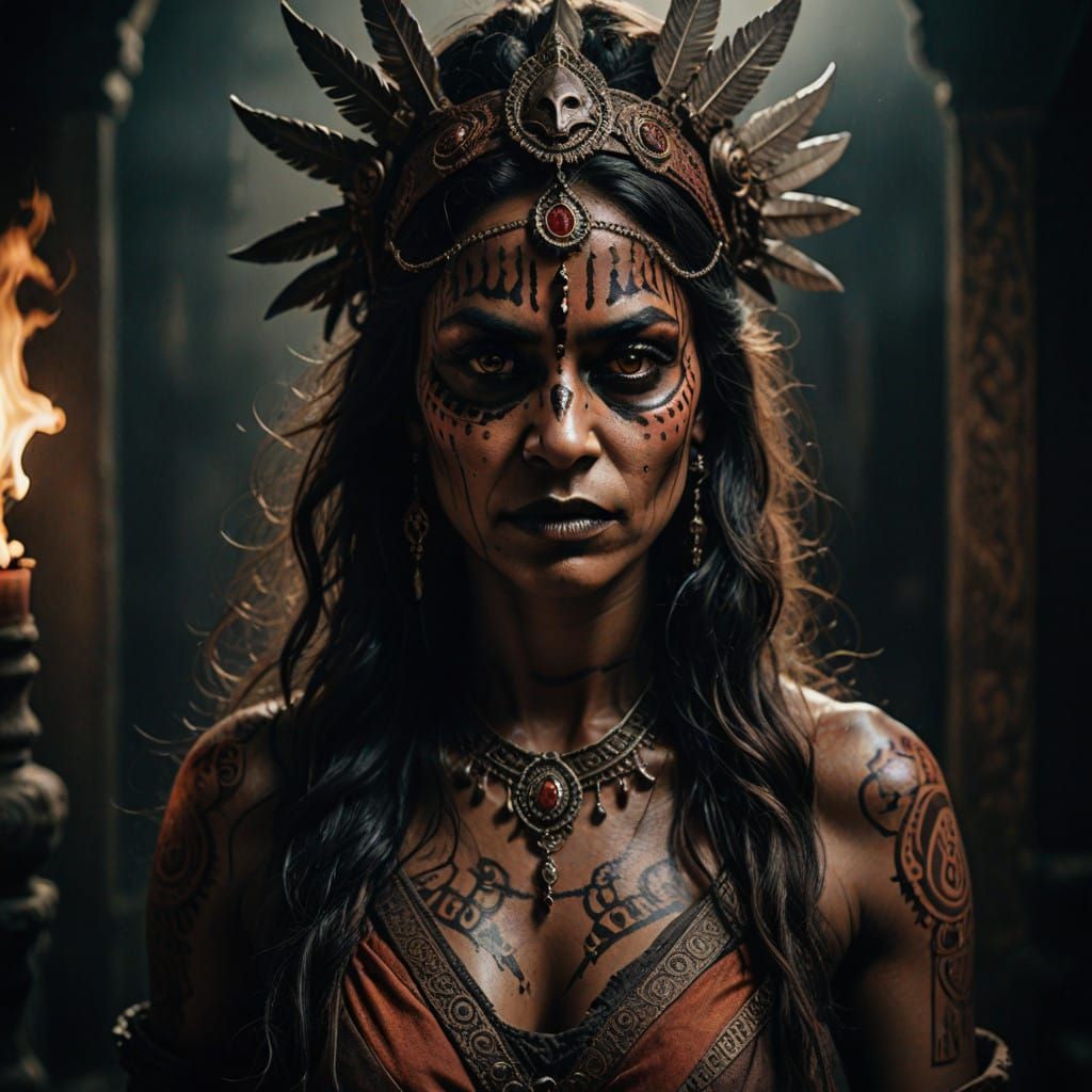 Savage Indian Witch in Dark Temple, Inspired by Shiva Goddes...